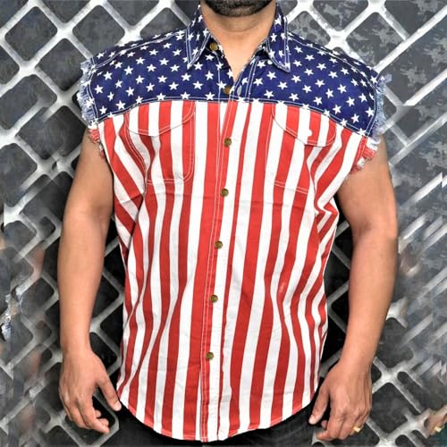 Image of Men's Denim Loose Fit Biker Vest Sleeveless Jacket Summer Retro Lapel American Flag Jean Jacket Shirt