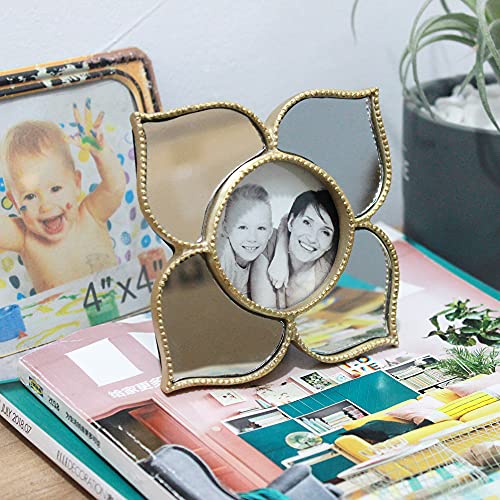 Zhsmyup 2X2 Round Photo Picture Frame With Petal Shaped Mirrors Gold Flower Shaped For Tabletop Desktop Display (Frame 4X4) #TOP1