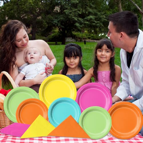 Image of CMUSKO 60pcs Tropical Plates and Napkins - Hawaiian Party Supplies Pink Green Yellow Summer Themed Tableware for Luau Party Decorations
