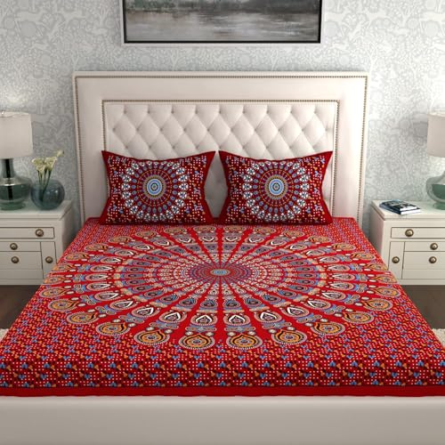 Image of LA VERNE 104 TC Cotton Double Bed Bedsheet Jaipuri Rajasthani Print Bedsheet with 2 Pillow Covers (Red N)
