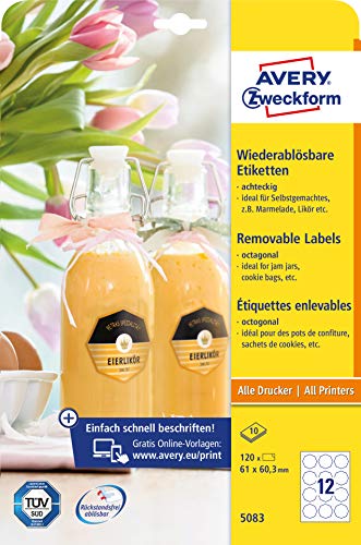 Avery Zweckform 5083 Bottle Labels (3 Mm Octagonal A4 120 Labels, Removable, 61 X 60 Cm) 10 White #TOP1