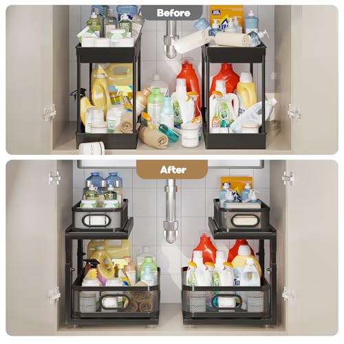 Image of 2 Pack Under Sink Organizer With Next-Gen Ball-Bearing Slides,2-Tier Precision Mesh Pull Out Cabinet Shelf Storage for Bathroom&Kitchen,Slide Out Drawers Height Adjustable,Rust-resistant