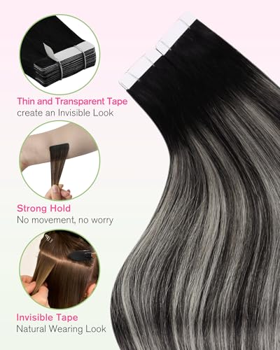 Image of YoungSee Balayage Tape Hair Extensions Real Human Hair Black Tape in Hair Extensions Ombre Black to Silver Lightweight Hair Extension Tape for Women Silky Straight Hair 18 Inch 50g 20pcs