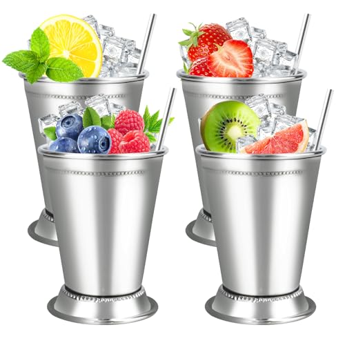 Mint Julep Cups，Silver Cups，Stainless Steel Glasses Set,Each one holds 12 ounces,Julep cup is a commonly used drinking vessel for summer parties,family gatherings,restaurants,bars，KentuckyDerby 4 Pcs