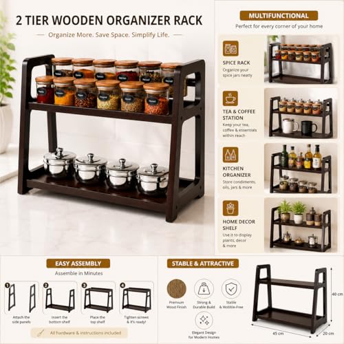 Image of 2 Tier Wooden Kitchen Organizer Rack for Countertop | Spice Jar Storage Shelf | Countertop Kitchen Rack 45x20x40 cm Brown | Wooden Storage Stand for Home and Kitchen