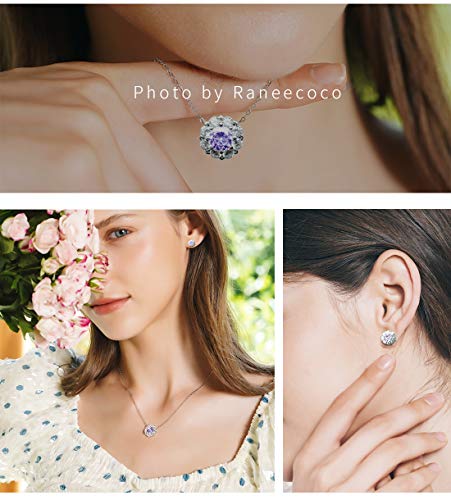 18K White Gold Plated Halo Cluster Purple Cubic Zirconia Stud Earrings For Women - Sterling Silver Cz Jewelry Set #TOP4