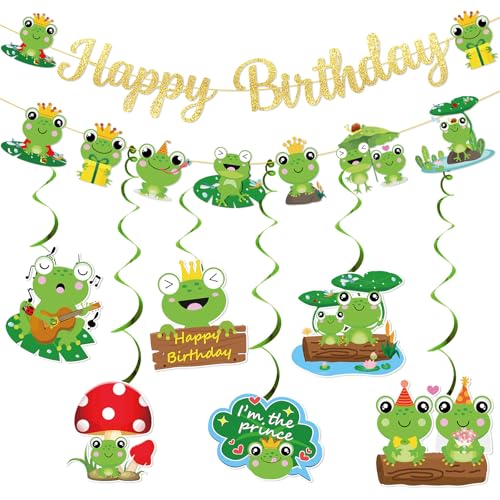 Frog Birthday Banner Gold Glitter with Garland Hanging Swirls Frog Birthday Party Decorations for Princess Prince Baby Shower Party Decor