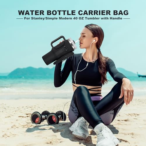 Image of Water Bottle Carrier Bag with Phone Pocket for Black Stanley 40 oz Tumbler with Handle, Black Insulated Neoprene Cup Holder Pouch Strap for Valentines Stanley Cup Accessories