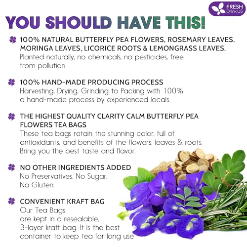 Image of FreshDrinkUS, Clarity Calm Butterfly Pea Flower Tea - 60 Tea Bags Herbal Blend of Butterfly Pea Flower, Rosemary, Moringa, Lemongrass & Licorice Root - Caffeine-Free. Sugar-Free. Gluten-Free. Vegan