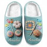 A Happy Place With Yarn Personalized Cotton Slippers, Customized Crocheting Lover Slipper with Name, Crochet Themed Cotton Slippers for Women, Crochet Mom Slipper, Crochetings Gifts for Mom, Grandma