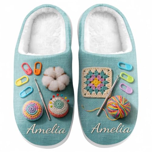 A Happy Place With Yarn Personalized Cotton Slippers, Customized Crocheting Lover Slipper with Name, Crochet Themed Cotton Slippers for Women, Crochet Mom Slipper, Crochetings Gifts for Mom, Grandma
