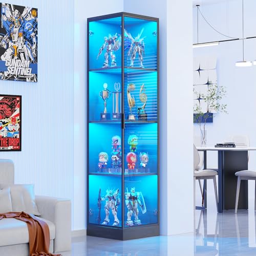 BROTTAR Corner Display Cabinet with Doors, 4-Tier Curio Cabinet for Collectibles, Display Case with 3 Color Light, Storage Cabinets with Door, Bookcase with Human Body Sensor, Black (15.7' W)