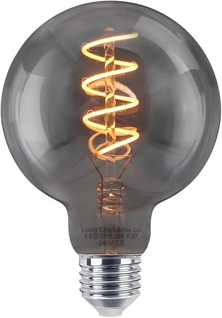 Long Life Lamp Company Industrial Vintage LED Light Bulb E27 Coil Spiral Filament Grey Smoked Glass Retro Edison Classic G95 2w Globe
