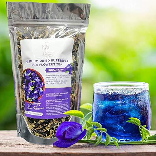 Pure 100 % Natural Butterfly Pea Flower Healthy Organic Herbal Blue Tea, Natural recipes food coloring Antioxidants , Organically Grown in Thailand 100g. (3.52 OZ)