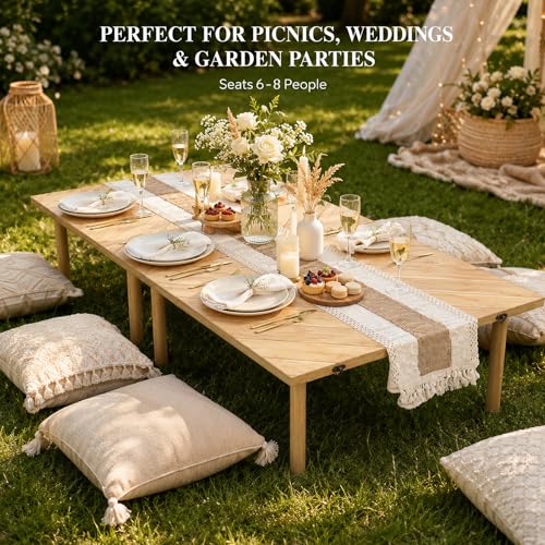 MLLNFUE 60" x 30" Low Picnic Table with 8 Wooden Legs Boho Table Runner Folding Picnic Table Portable for Indoor Outdoor Use Ideal for Backyard Picnic Beach Weddings Garden Parties (Herringbone) by MLLNFUE - Image 3