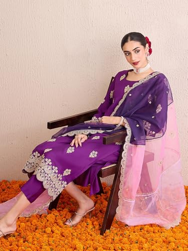 Image of INDO ERA Women's Silk Blend Embroidered Straight Kurta Pant with Dupatta (Iestr6307)