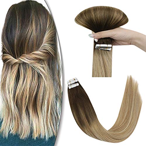 YoungSee Tape in Hair Extensions Balayage Dark Brown Fading to Caramel Blonde with Platinum Blonde Tape in Extensions Remy Short Tape in Human Hair 14 Inch 20pcs 50g