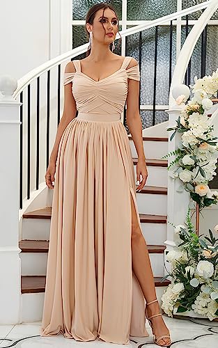 Image of SOLODISH Off The Shoulder Bridesmaid Dresses Long Chiffon Formal Evening Dresses for Women