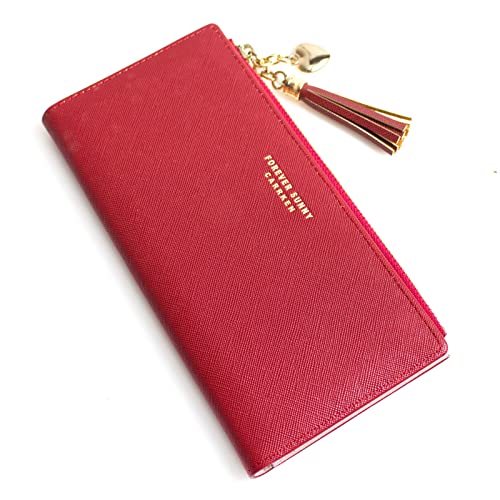 Image of SUMGOGO Wallets for Women Slim Clutch Purse Handbag Card Holder Womens Long Tassel Zipper Pocket Fashion Taiga Leather Billfold Wallet (Red)