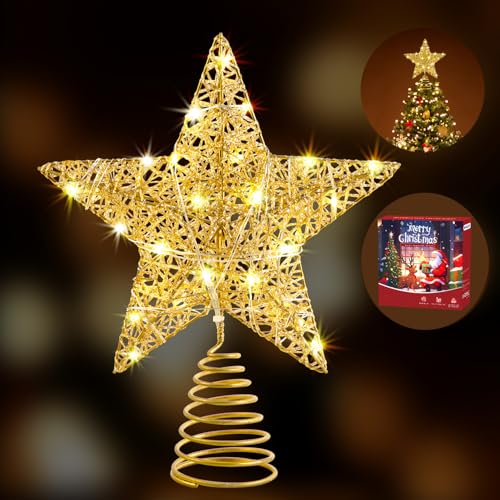 WHOLEV Gold Weihnachtsbaumspitzen Stern, 25cm Glitzer-Baumspitzen aus...