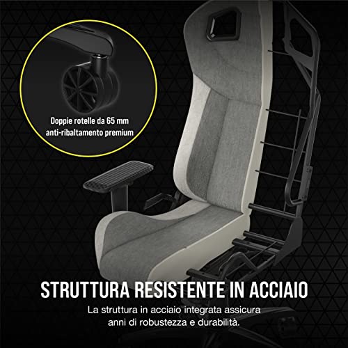 T3 RUSH Fabric (2023) Sedia da Gioco, Tessuto Esterno Morbido Traspirante, Cuscino Cervicale Regolabile e supporto Lombare in Memory Foam, Grigio/Bianco - Sedia gaming - Immagine 4
