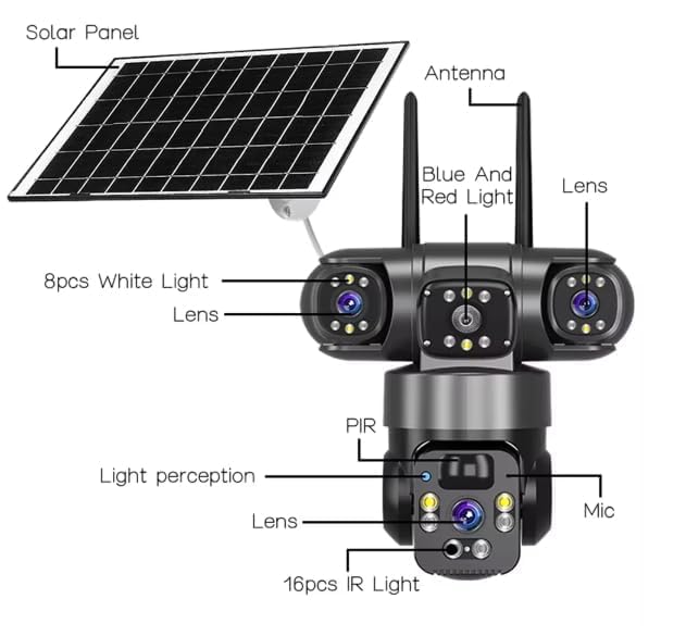 Image of DDLC 6MP Triple Lens Solar Panel PTZ Security Camera | 3-Screen View Motion Detection | Full-Color Night Vision with Sound Alarm App V380 Pro (IP66 Waterproof).