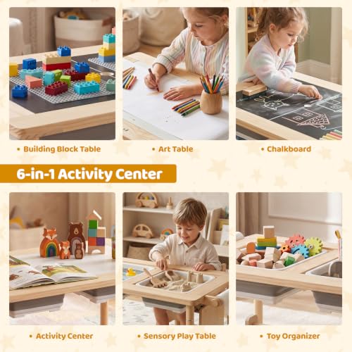 Image of Costzon Toddler Table and Chair Set, Wooden Sensory Table w /2-Sided Boards & 2 Foldable Storage Bins, All-in-One Kids Activity Table for Drawing, Crafting, Sand and Water Play (Light Wood Tone, 3 PCS)