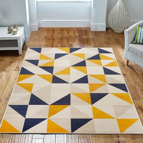 Imperial Rooms Area Rugs Living Room Large 160x230 Cm - Yellow Rugs for Bedroom Hallway Geometric Style Modern Floor Carpet Triangle Pattern Non Shedding Soft Rug (Brio)