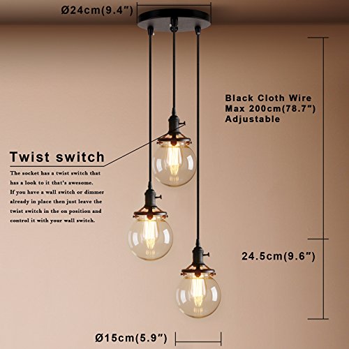 Pathson Industrial Island Pendant Lights, 3-Lights Dining Pendant Lighting With Globe Glass, Vintage Hanging Lamp Fixtures For Kitchen Living Room Bedroom (Black) #TOP3