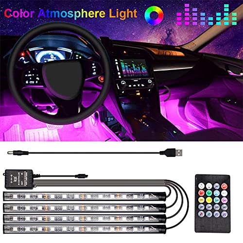mewmewcat Luz de tira LED para carro, 4pcs 36 LED DC 12V Multicolor Música Luz interna USB para carr