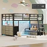 busyaeh Low Loft Bed Twin,Twin Loft Bed for Kids with 9 Storage Drawers & 15.8' H Safety Guardrail & Inclined Ladder & Safety Handrail & LED Lights and Charging Station (Oak Gray, Twin)