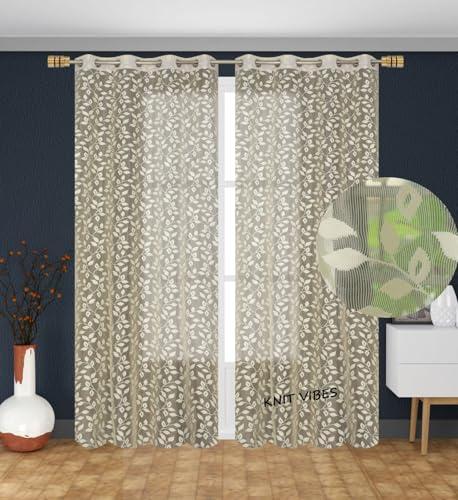 Image of Leaves Design Semi Transparent Window Curtain 5 feet Long Set of 2 pcs Drawing Room Parde | Pooja Room Curtain Panel | Sheer Curtain, Cream Color