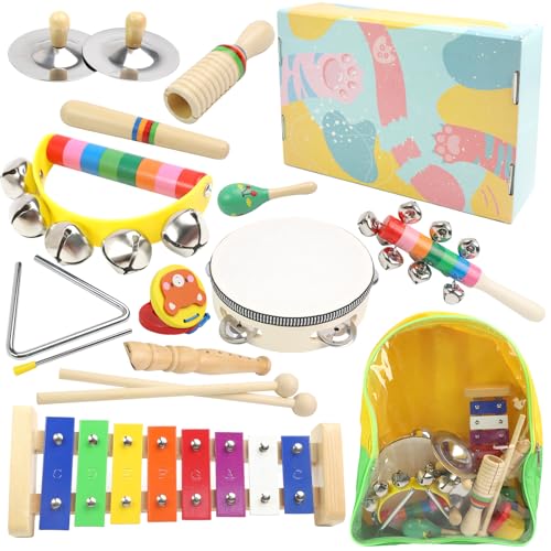 Instrumentos Musicales para bebés, Juguetes Montessori, Instrumentos Musicales de Percusión de Madera de Colores del Arcoíris con Bolsa de Almacenamiento Transparente