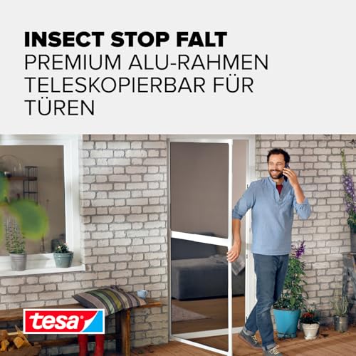 tesa Insect Stop FALT Tür - Faltbarer Alu-Rahmen mit Fliegengitter für Türen - mit verstellbarem Teleskoprahmen - Weiß - 80 cm x 170 cm bis 100x cm x 220 cm