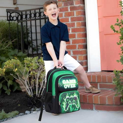 Octsky School Backpack for Boys, Kids Bookbag with Lunch Box, Flame Game Green3