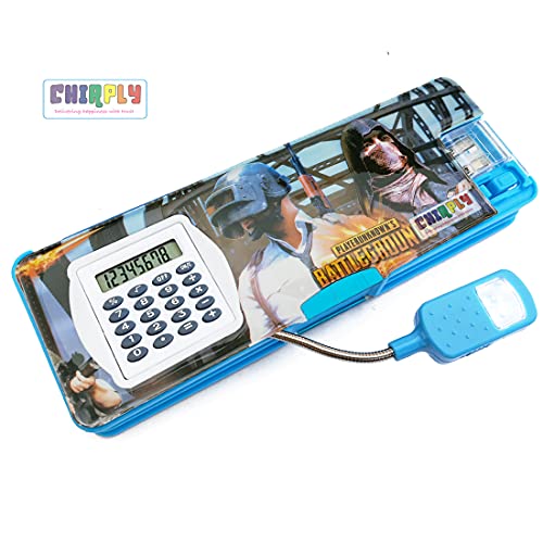 CHIRPLY Multipurpose Magnetic Pencil Box with LED Lamp Light & Real Calculator & 2 Side Case for Girls & Boys for School Big Size Birthday Gift Cartoon Printed Stylish Pen Case for Kids (Blue)