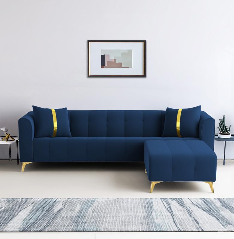 Image of Adorn India Premium Mystic - 3 Years Warranty - L Shape 5 Seater Sofa Set Velvet Suede Fabric - Blue