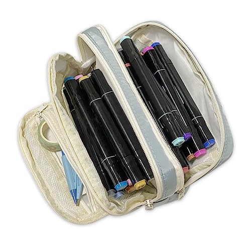 Liujiami Pencil Case Large Capacity 3 Compartments School Student Stationery Organiser for Kids Adults Office Makeup Cosmetic Bag Blue - Image 3