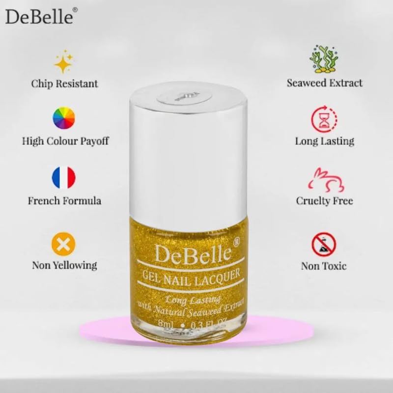 DeBelle Gel Nail Polish Pegasus (Lime Yellow with Gold Glitter Sugar Finish Nail Paint)|Non UV - Gel Finish |Chip Resistant | Seaweed Enriched Formula| Long Lasting|Cruelty and Toxic Free| 8ml 4