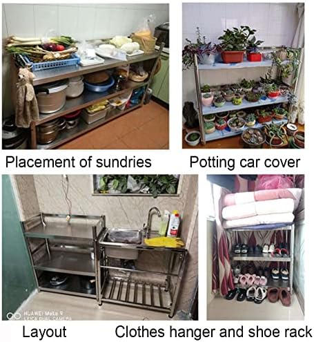 Stainless Steel Kitchen Table, Adjustable Double Layer Microwave Rack with Guardrails, 60x40x92cm Commercial Workbench for Restaurant & Home Use - Durable Silver Finish