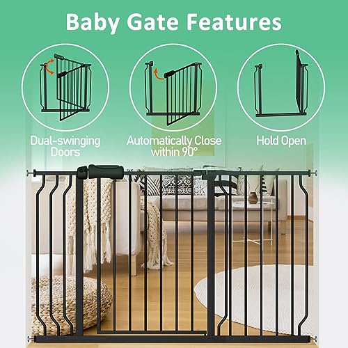 Image of ALLAIBB Extra Wide Pressure Mounted Baby Gate Walk Through Child Kids Safety Toddler Tension White Long Large Pet Dog Gates with Extension for doorways Kitchen (43.3-52.75 inch /110-134cm, Black)