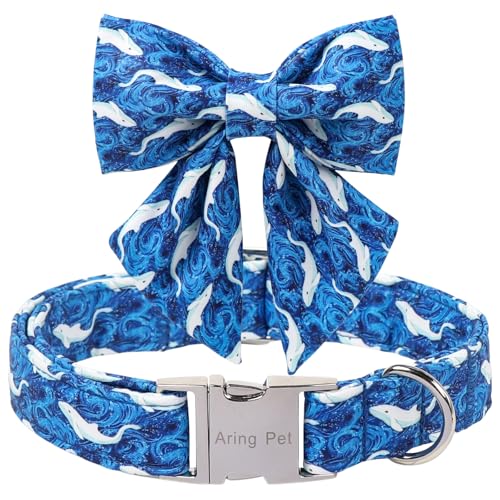 ARING PET Summer Dog Collar with Bow, Cute Blue Ocean White Whale Sailor Bowtie Pet Collars with Metal Buckle for Puppy Small Medium Large Boy Girl Dogs, for Daily Walks, Travel, Photo, Parties-XL