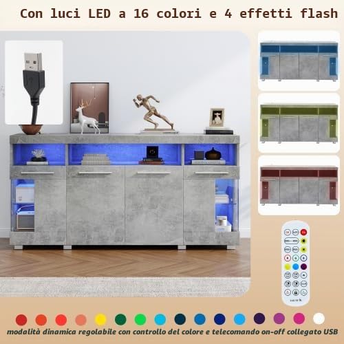 Merax Cemento Tavolino Credenza - 140 x 40 x 70 cm Armadio soggiorno con illuminazione a LED, vetro temperato, 3 scomparti e portaoggetti multiuso per soggiorno e cucina
