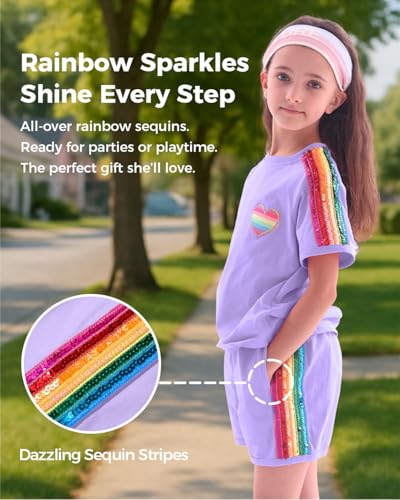 Image of WELAKEN Girls 2 Piece Outfit Kid Toddler Heart & Rainbow Sequin Striped T-shirt and Shorts Clothing Set