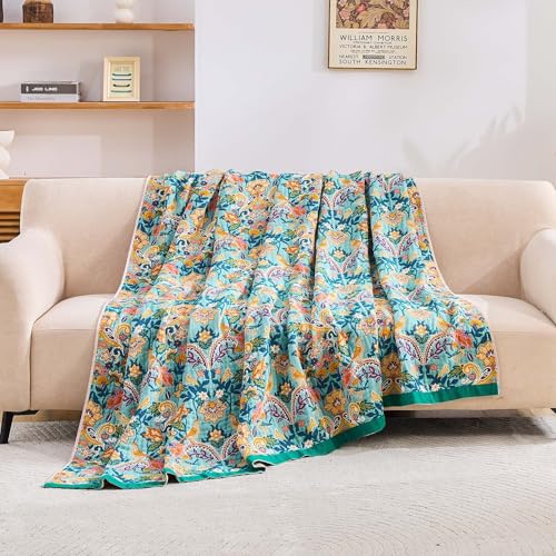 Image of XIBLC Boho Blanket Throw Quilt, 100% Cotton Soft Light Weight Throw Blankets for Summer, 60 inchx80 inch Farmhouse Flower Decorative Blankets, All Season Rustic Reversible Bohemian Throw Quilt