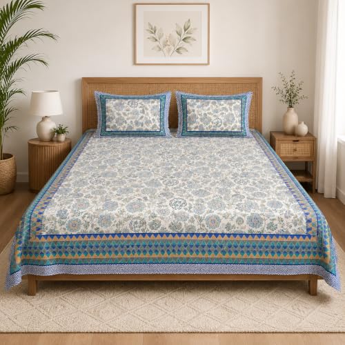 Image of Authentic Jaipuri Print King Size Bed Sheet Set (93 inch x 108 inch) Breathable Cotton | Deep Pocket Fits Up to 18 inch Mattress | Blue Floral Design with 2 Pillow Covers