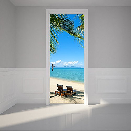 Modern Art Beach 3D Door Sticker, Peel And Stick Vinyl Door Mural Mural Decals For Home Decor, 30.3X78.7"(77X200Cm), 2 Pcs Set #TOP1