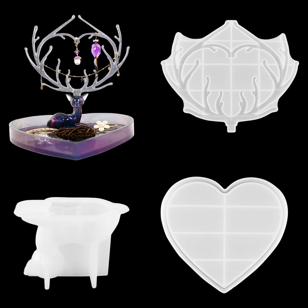 Zayookey 3 Pcs Epoxy Molds Set Heart Shape Resin Tray Mould Jewelry Holder Silicone Molds Casting Jewelry Display Rack Mold for Necklaces Storage Earring Display Stand Mold DIY (Jewelry Rack Mould A)