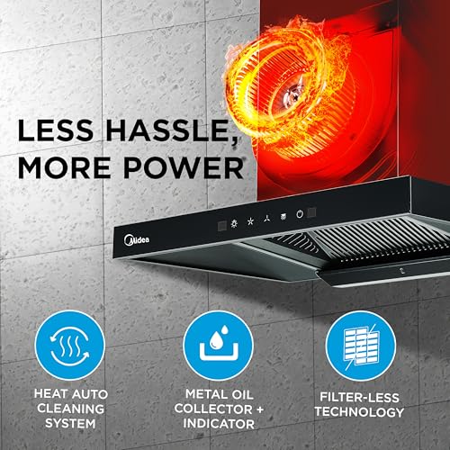 Image of Midea 75 cm 1400 m3 /hr Filter-less, Autoclean, Motion Sensor, T Shape kitchen Chimney with 2 Yrs Product and 10 Yrs Motor Warranty, Free Installation Kit (Falcon Auto Clean), Black