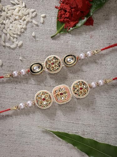 Image of Sukkhi Rakhi Traditional Kundan & Pearls Designer Meenakari Gold Plated Premium Rakhi for Brother with Roli Chawal & Greeting Card | Rakhi for Brother /Bhaiya /Bhai /Men|Rakhi Combo-Set of 2